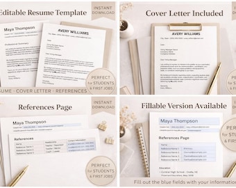 Puede incluir: Un conjunto de plantillas de currículum vitae editables, carta de presentación y página de referencias. Los documentos son de estilo minimalista con el texto "Plantilla de currículum vitae editable", "Carta de presentación incluida", "Página de referencias" y "Versión rellenable".