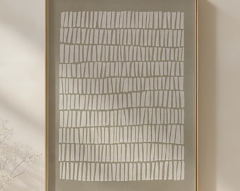 May include: Abstract art print in a gold frame. The artwork features a pattern of vertical, off-white rectangular shapes against a muted green background. The frame is a thin, gold color.