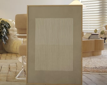 Puede incluir: Una pieza de arte mural rectangular en un marco de madera clara que presenta un fondo taupe sólido con un gráfico central de líneas blancas verticales finas dispuestas en un bloque rectangular en la sección media de la impresión.
