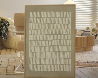 May include: A rectangular framed wall art piece featuring a light beige background with a repeating pattern of vertical, hand-drawn style off-white dashes arranged in horizontal rows, encased in a simple light-toned wooden frame.