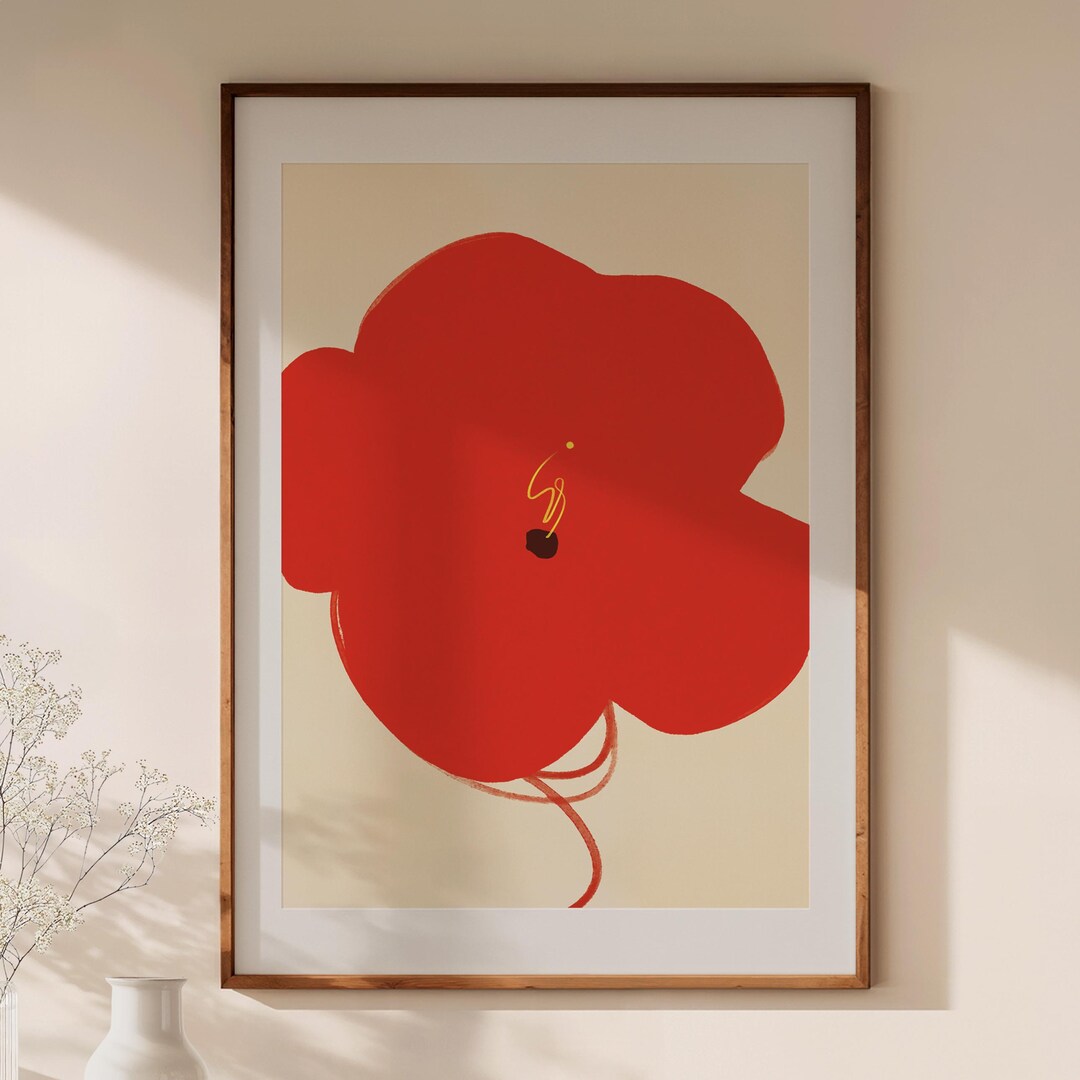 Red Flower Bloom Abstract Art Print, Minimal Floral Wall Art, Modern ...