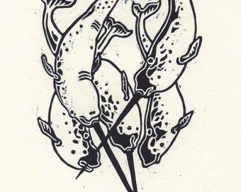 Narwhal Woodcut Print, Nautical, Sea, Whales, Original Artwork