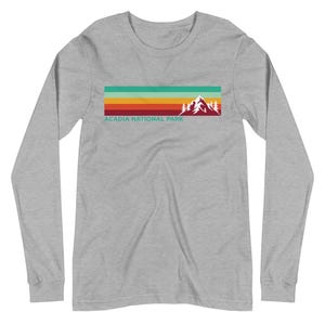 Acadia Retro Stripe Long Sleeve T-Shirt, Retro Revival Colors | Maine Mountain Graphic Tee | National Park Hiking Shirt