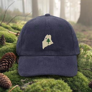 Vintage Corduroy Maine Cap | Retro State Flag Hat, Pine Tree & North Star Embroidered | Unisex Dad Hat | Vacationland Gift