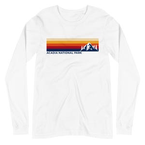 Acadia Retro Stripe Long Sleeve T-Shirt, Vintage Sunset Colors | Maine Mountain Graphic Tee | National Park Hiking Shirt