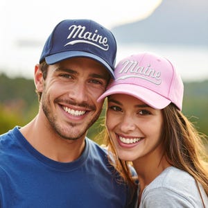 Maine Varsity Dad Hat | Classic Baseball Font with 3D Puff Embroidery | Adjustable Sports Cap in Multiple Colors