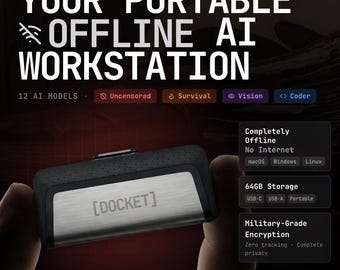 Estación de trabajo portátil sin conexión con IA Docket Mini, unidad USB de 64 GB con 12 modelos de IA precargados.