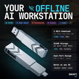 Op de afbeelding: Twee zilverkleurige USB-flashdrives worden getoond tegen een donkere achtergrond. De tekst luidt "YOUR OFFLINE AI WORKSTATION" met details over opslag, snelheid en compatibiliteit. De drives hebben een dual-port ontwerp en zijn gelabeld als "PRO".