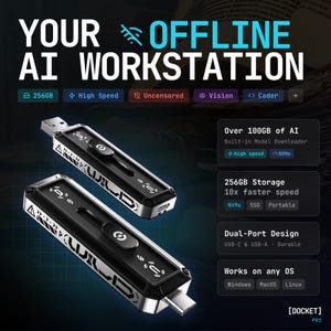 Peut inclure: Deux clés USB noires et argentées avec le texte "YOUR OFFLINE AI WORKSTATION". Les clés ont le texte "256GB", "High Speed", "Uncensored", "Vision" et "Coder". Les clés ont la marque "ARRULD".