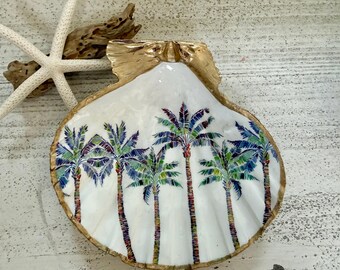 Palm Tree Shell Dish, Pink Palm Beach Coastal Decor, Handmade Scallop ShellJewlery Dish, Miami Beach House Art, Trinket Tray Catchall