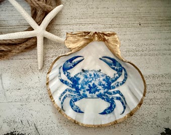 Blue & White Chinoiserie Crab Shell Trinket Dish, Nautical Coastal Decor, Gold Rim Ring Dish Catchall, Beach House, Jewlery Catchall, Gift