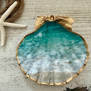 Ocean Wave Shell Trinket Dish, Handmade, Gold Leaf Edge, Blue Coastal Ring Dish Catchall, Beach House Decor Gift, Sea Glass, Aqua, Favor