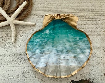 Ocean Wave Shell Trinket Dish, Handmade, Gold Leaf Edge, Blue Coastal Ring Dish Catchall, Beach House Decor Gift, Sea Glass, Aqua, Favor