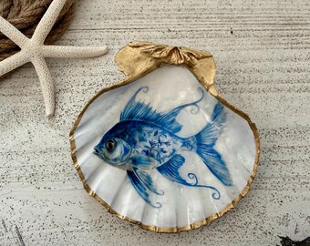 Blue & White Chinoiserie Fish Shell Trinket Dish, Nautical Coastal Decor, Gold Rim Ring Dish Catchall, Beach House, Jewlery Catchall, Gift