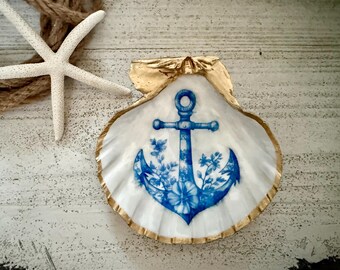 Blue & White Chinoiserie Anchor Shell Trinket Dish, Nautical Coastal Decor, Gold Rim Ring Dish Catchall, Beach House, Jewlery Catchall, Gift