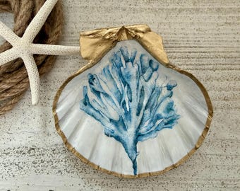 Blue Coral Reef Shell Trinket Dish, Coastal Nautical Decor, Gold Rim Lion’s Paw Shell, Ring Dish Catchall, Beach House Vanity Jewelry Dish