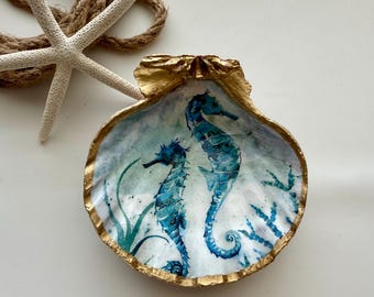 Seahorse Scallop Shell Trinket Dish, Gold Edge Coastal Ring Dish, Blue Ocean Decor, Nautical Beach House Gift, Jewelry Dish, Coastal Cottage