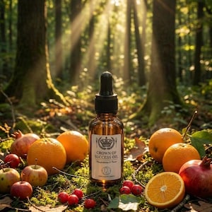 May include: A brown glass bottle with a black dropper, labeled "CROWN OF SUCCESS OIL," sits among oranges, pomegranates, apples, and red berries on a bed of moss. The background features a sunlit forest with tall trees.