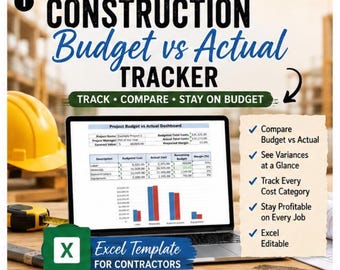 Planilha de Excel para Orçamento vs. Realizado de Construção | Controle de Custos de Obras para Empreiteiros | Planilha de Orçamento de Projetos