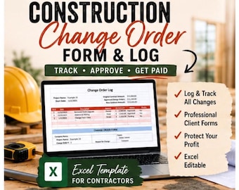 May include: A laptop displaying a construction change order form, with the text "CONSTRUCTION Change Order FORM & LOG". The image includes a hard hat, tape measure, and the words "Excel Template for Contractors".