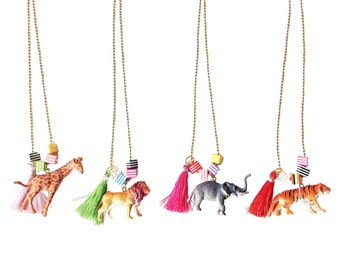 Safari Animal Necklace, Elephant Jewelry, Lion Necklace, Giraffe jewelry, Tiger Necklace, Animal necklace for kids, birthday present for kid