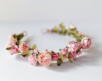 Pink Floral Crown, Wedding hairpiece, Flower Crown, Pink Wedding, Valentine Hair Accessories, Ethereal, Boho Wedding,  Spring hairpiece