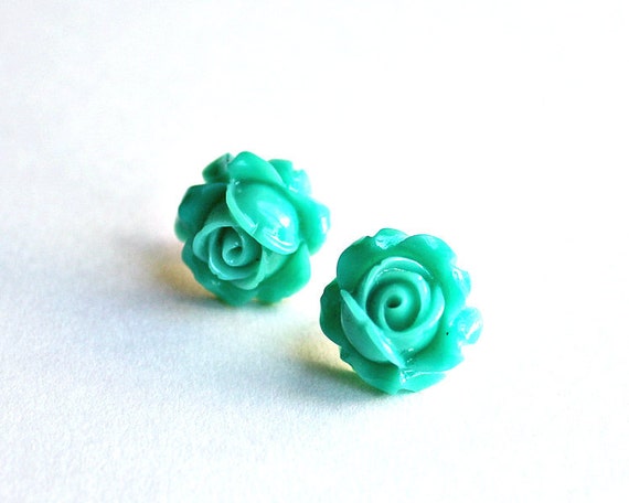 Items similar to Teal Rose Flower Post Earring. Summer. Spring. Fashion ...