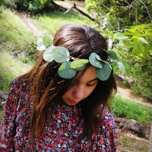 Greenery Floral Crown, eucalyptus crown, Flower Hair Crown, flower girl crown, Green Bridal Crown, Boho Leaf Crown, Green Wedding Crown image 1