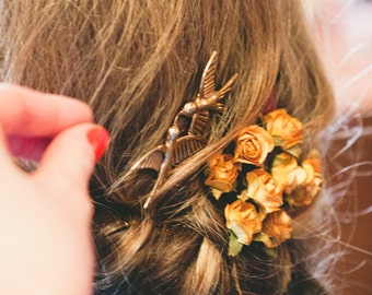 Rustic Roses Flower Hair Pins. Woodland wedding, Goldenrod Yellow Hair Pins. Autumn bride, Whimsical. Romantic, fall, autumn, Bridal Clip