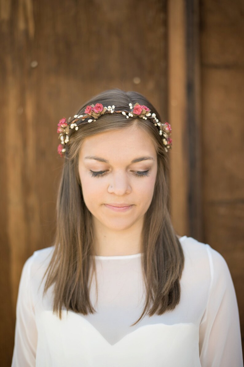 Bohemian Soft Pink Floral Crown, Woodland, blush, Fall wedding, Hair Accessories, autumn headpiece, Floral, boho, wedding, bridal headpiece image 1