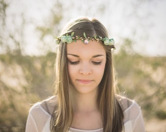Boho Bridal Floral Crown, Mint Green Flower Crown. Woodland, spring, bohemian, festival, Weddings, Bridal Accessories