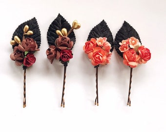 Fall floral Hair Pins, Flower Hair Clip, Floral Hair Pins, Black Leaves Hair Pins, Halloween Headpiece, Floral Bobby Pins, Autumn hair pins