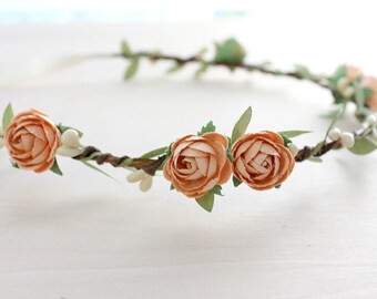 Peach Rose Bohemian Halo, Floral Crown, Flower Crown. Woodland, Peach Wedding, bridesmaids, bridal crown, festivals,  Hair Accessories