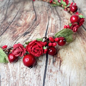 Festive Christmas Floral Crown Winter Photo Prop Christmas Headband Holiday headpiece Bridal floral halo Red Hairpiece image 3