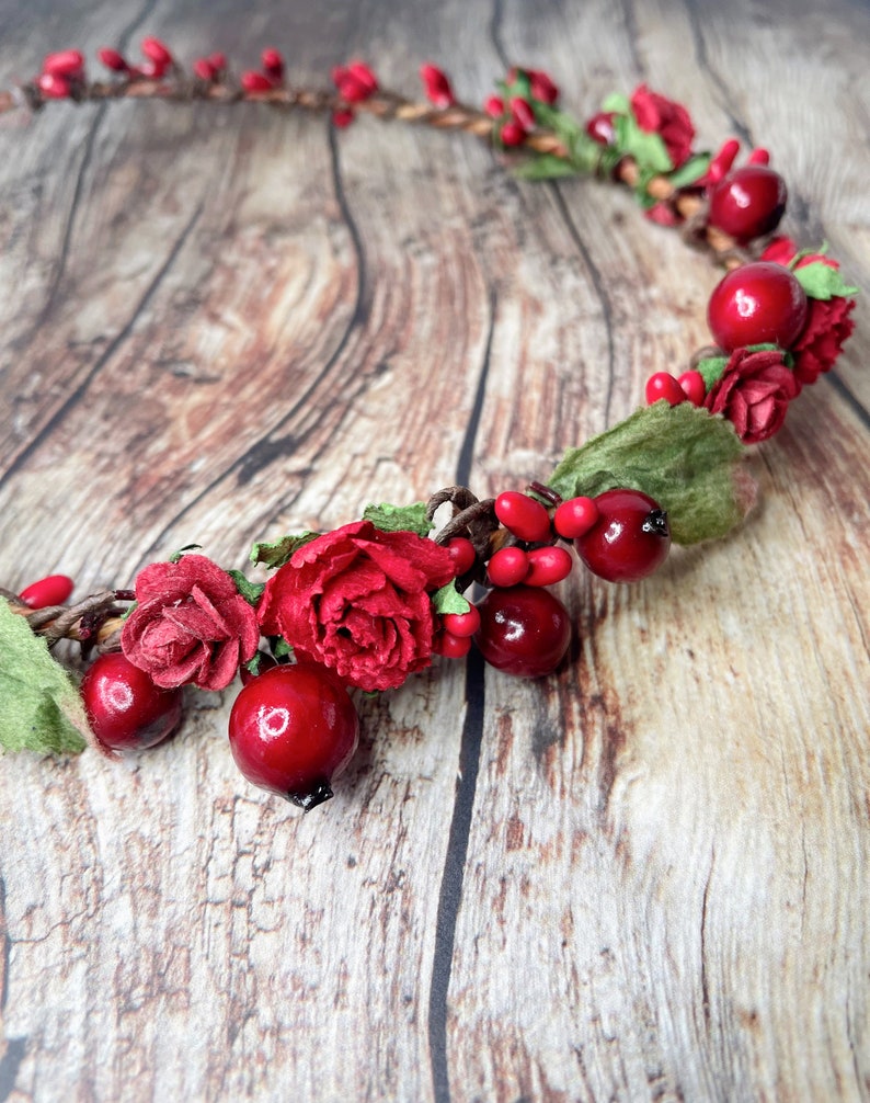 Festive Christmas Floral Crown Winter Photo Prop Christmas Headband Holiday headpiece Bridal floral halo Red Hairpiece image 3