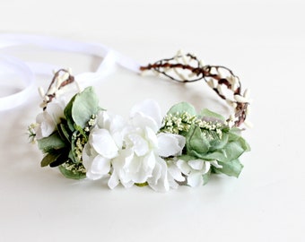 Wedding Floral Crown. White Flower Crown, Greenery Floral Crown, Flower Hair Crown, Weddings hair piece, white hair wreath, Bridal headpiece