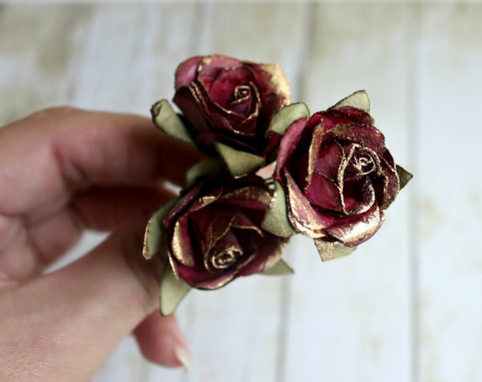 Dark Rose and Gold Flower Hair Pins. Paper Flowers Etsy