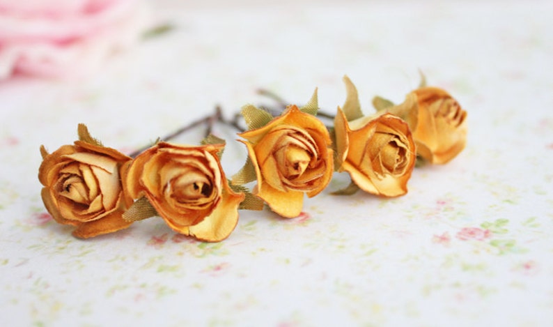 Rustic Roses Flower Hair Pins. Woodland wedding, Goldenrod Yellow Hair Pins. Autumn bride, Whimsical. Romantic, fall, autumn, Bridal Clip image 4
