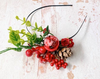 Festive Christmas Headband Winter Photo Prop Christmas Headband Holiday headpiece Bridal floral headband Red Hairpiece