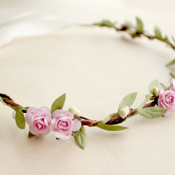 Pink Rose Floral Crown Wedding, Bohemian Flower Crown. Woodland, spring wedding, pink floral crown, Flower Girl,  Bridal, valentine's day