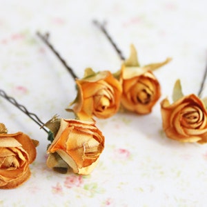Rustic Roses Flower Hair Pins. Woodland wedding, Goldenrod Yellow Hair Pins. Autumn bride, Whimsical. Romantic, fall, autumn, Bridal Clip image 2