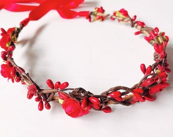 Red Floral Crown, Winter Crown, photo prop, valentine's day, bridal floral crown, red hairpiece