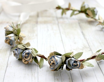 Blue Gold Rosebuds Floral Crown Wedding, Flower Crown, Paper Flowers, Spring, Something Blue, Hair Wreath, Bridal, Hair Accessories,