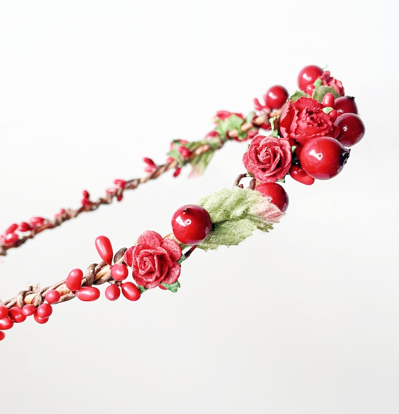 Festive Christmas Floral Crown Winter Photo Prop Christmas Headband Holiday headpiece Bridal floral halo Red Hairpiece image 1