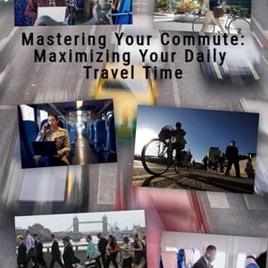 May include: Book cover titled "Mastering Your Commute: Maximizing Your Daily Travel Time" by Keith Dunham. The cover features images of people commuting by bus, train, bicycle, and plane. The background has a blurred image of a road.