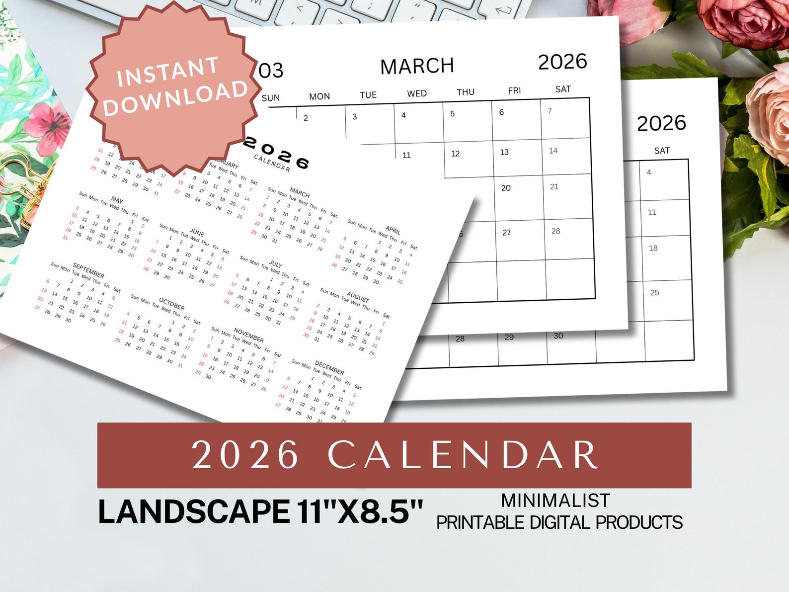 2026 Printable Calenda, 11"x8.5" Letter Size, Landscape, Minimalist ...