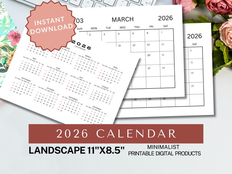 2026 Printable Calenda, Letter Size (A4), Landscape, Minimalist ...