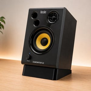 Może przedstawiać: Czarny głośnik monitora DJ z żółtym stożkiem głośnika i napisem "DJMonitor 32". Głośnik posiada pokrętło regulacji głośności, widoczna jest również nazwa marki "Hercules". Głośnik stoi na czarnym stojaku.