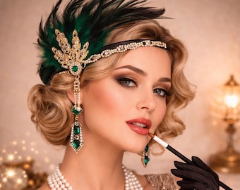 Flapper Jewelry Set 5 Piece, Green Gatsby Party Accessories, Pearl Necklace, Feather Headpiece, Fringe Earrings, Gloves, Roaring 20s Costume
