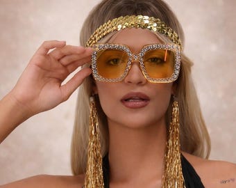 70s Disco Party Outfit Set, Gold Sequin Headband, Rhinestone Sunglasses, Tassel Earrings, 80s Glitter Costume, Retro Festival Accessories